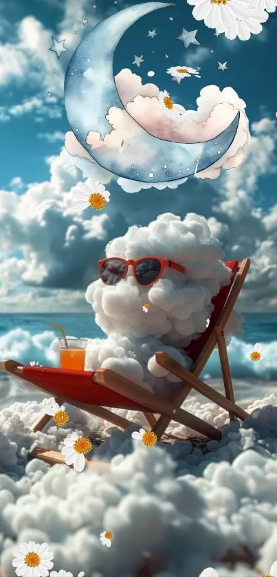 Charming cloud creature lounging with daisies under a dreamy sky.