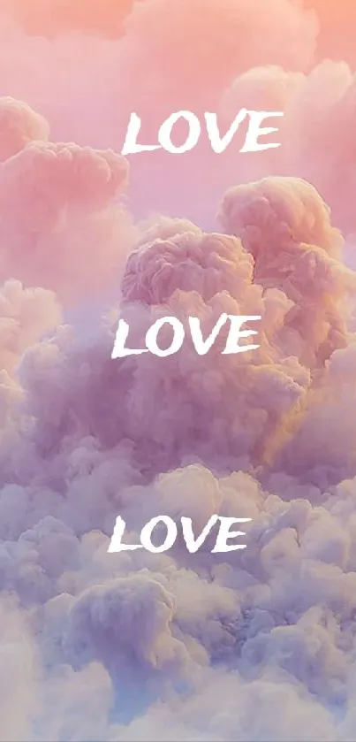 Dreamy wallpaper with pastel clouds and the word 'LOVE' in white text.