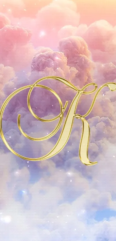 Monogram K with golden embellishment over dreamy pastel clouds.