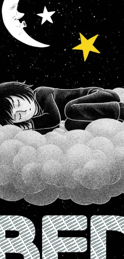 Child sleeping on clouds under a starry night sky with the moon.