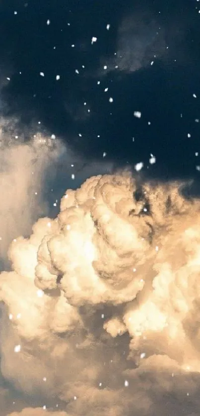 Dreamy clouds in a night sky with falling snowflakes mobile wallpaper.