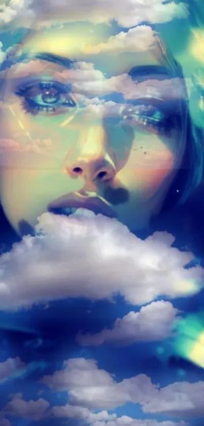 Portrait with dreamy clouds overlay in vibrant colors.