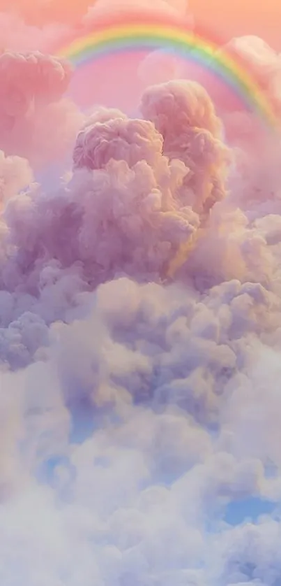 Pastel pink clouds with a rainbow arching overhead, creating a serene and dreamy look.