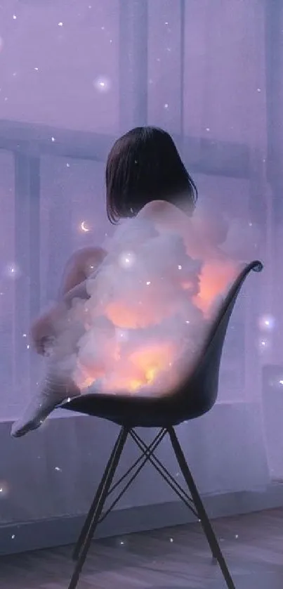 Woman sitting on chair with glowing clouds and a purple room view.