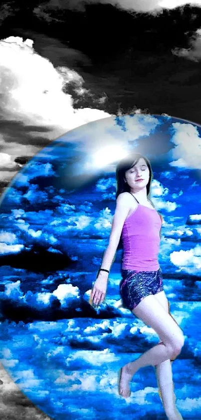 Surreal artwork of a woman floating in a blue cloud sphere.