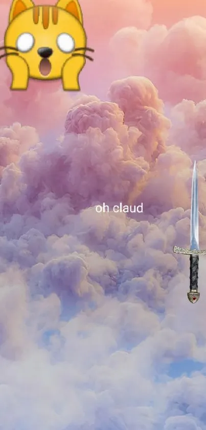 Whimsical phone wallpaper with clouds, sword, and cat emoji.