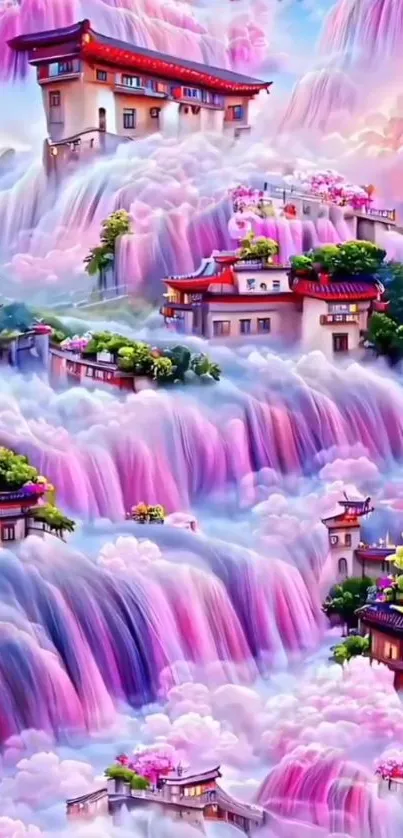 Fantasy landscape with cloud waterfalls and vibrant flora.