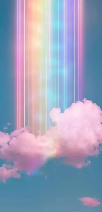 Dreamy scene with pink cloud and rainbow beams against a serene blue sky.