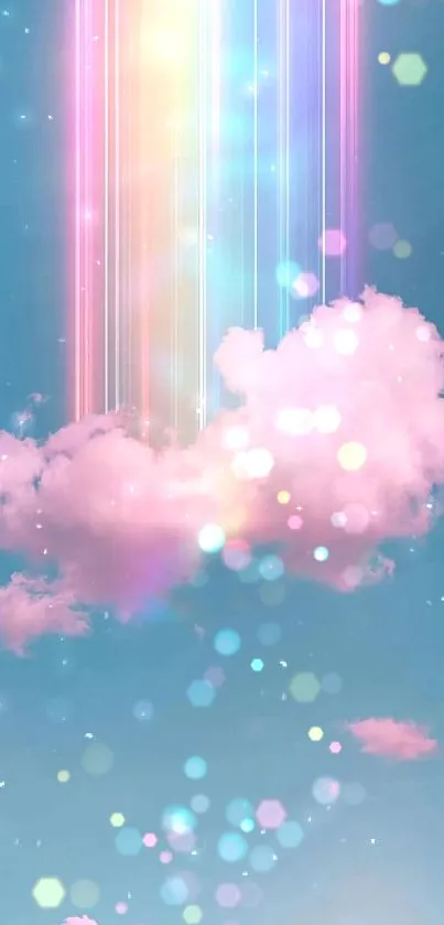 Dreamy cloud with colorful rainbow beams in blue sky wallpaper.