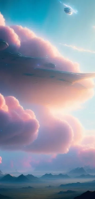 Futuristic spaceship amidst dreamy clouds in a surreal landscape.