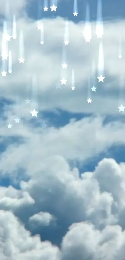 Dreamy clouds with falling stars in a serene sky.