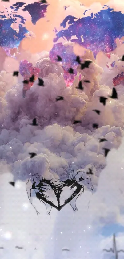 Dreamy wallpaper with clouds, birds, and cosmic world map.