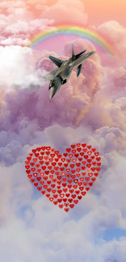 Whimsical wallpaper with clouds, jet, rainbow, and heart design.