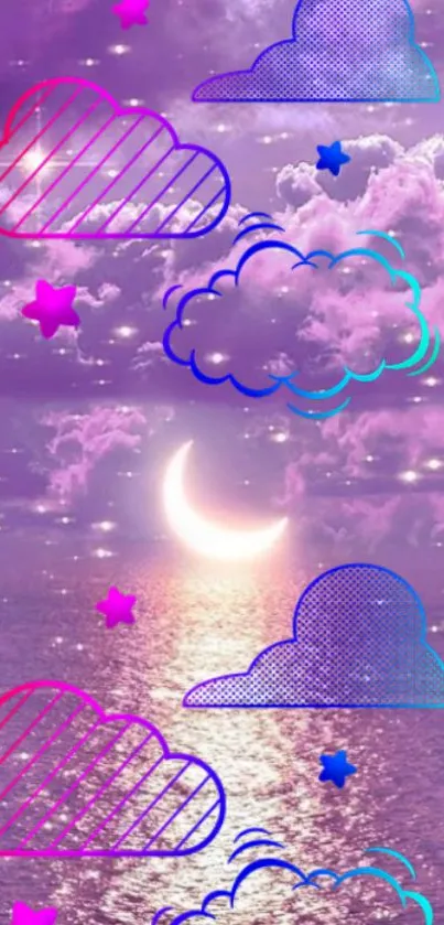 Dreamy purple wallpaper with neon clouds and stars over a crescent moon.