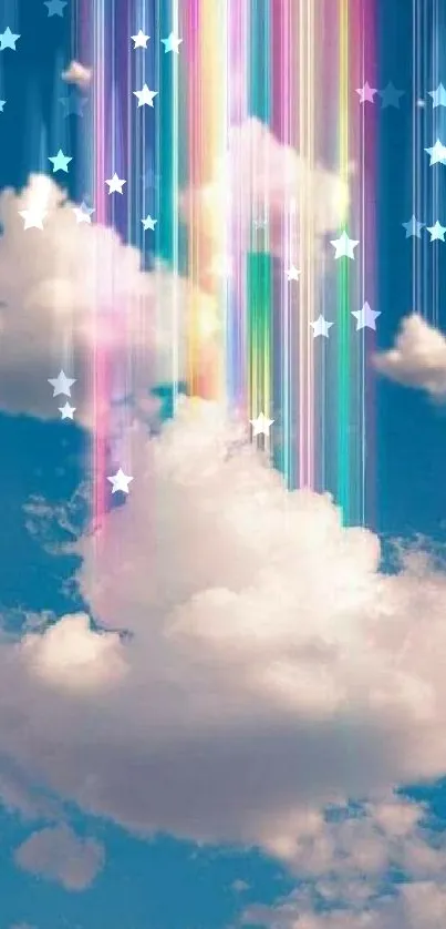 Mobile wallpaper with dreamy clouds and vibrant rainbow streaks.