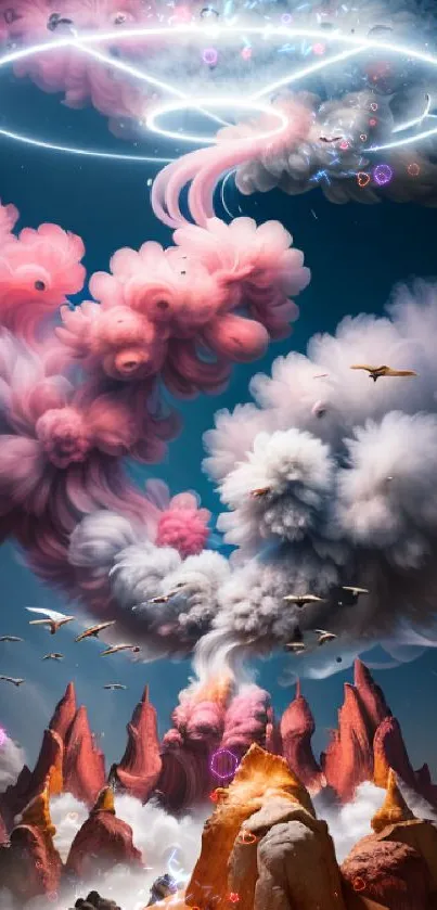 Surreal cloudscape mobile wallpaper with vibrant colors and fantasy landscape elements.