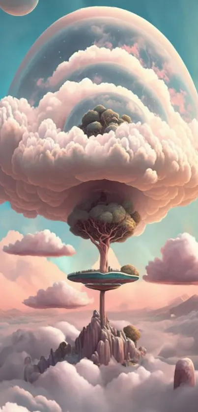 Fantasy art mobile wallpaper with a floating island and dreamy clouds.