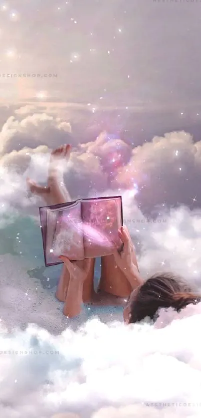 Ethereal scene of person reading among clouds.