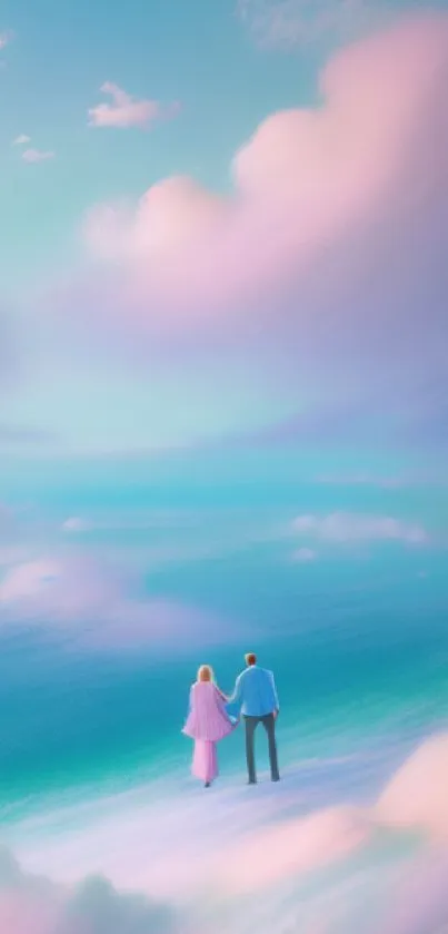 A couple stands among dreamy pastel clouds and a serene sky.