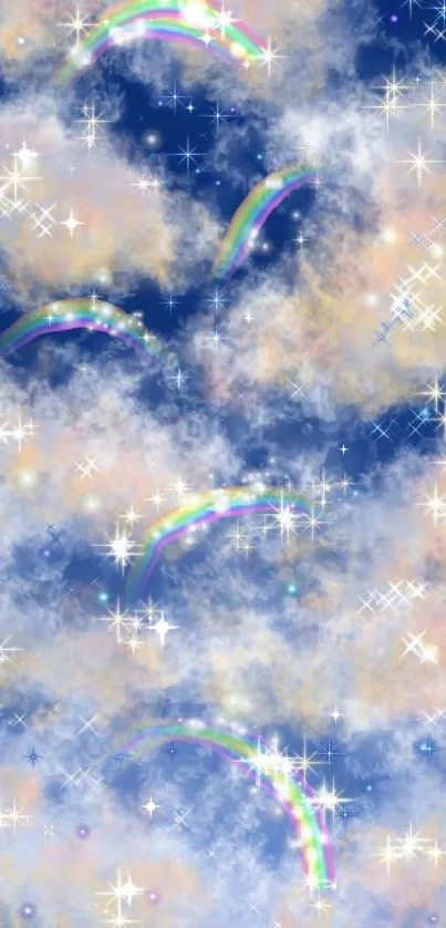 Dreamy night sky with clouds and rainbows.