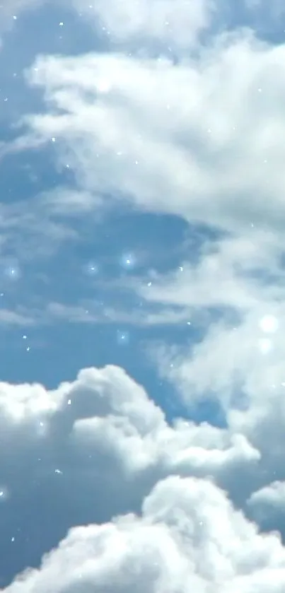 Dreamy sky with fluffy clouds and twinkling stars.