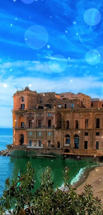 Dreamy seaside building under a starry blue sky.