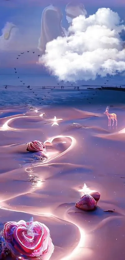 Dreamy seashore with glowing seashells and mystical sky.