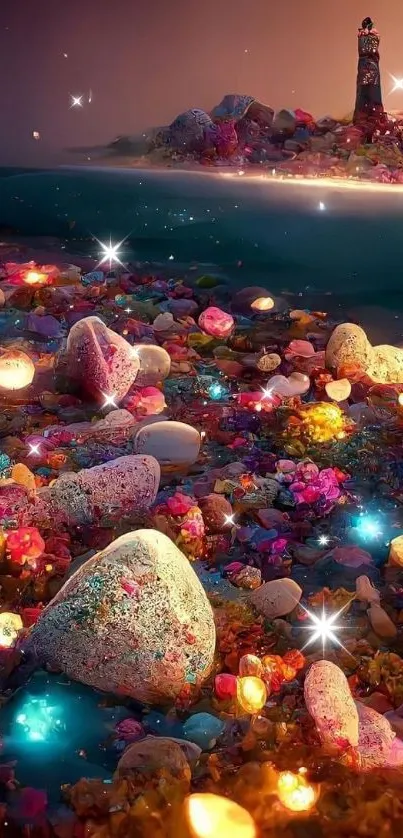 Dreamy lighthouse with colorful stones and glowing lights along the shore.