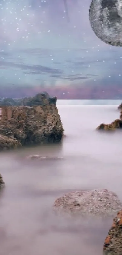 Rocky coastal scene under a dreamy moonlit sky.