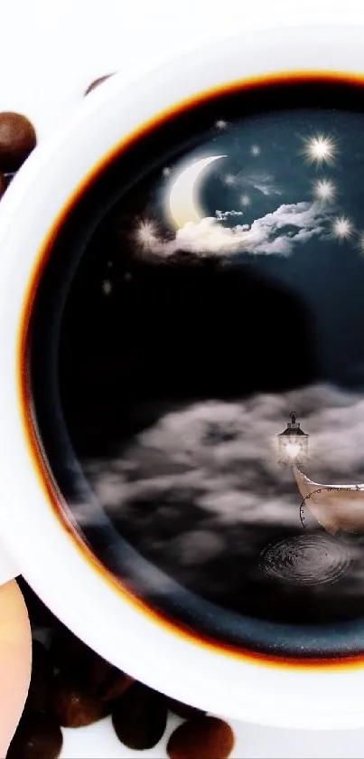 Mobile wallpaper with a magical coffee cup showing a night sky and boat.