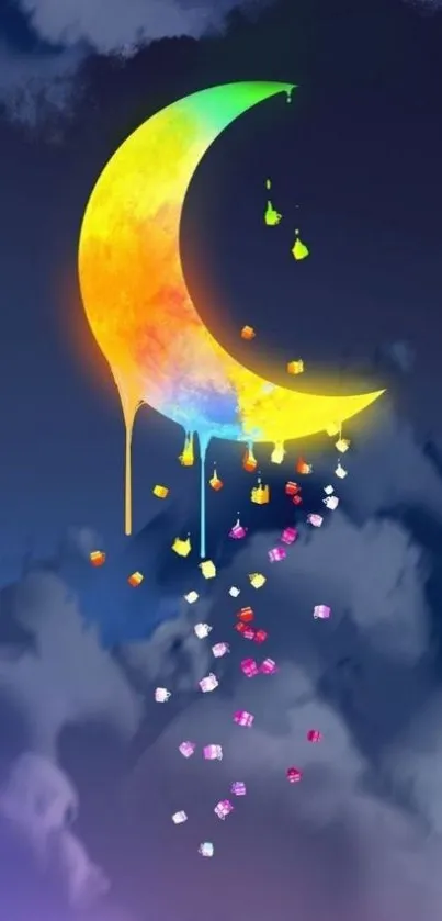 Dreamy crescent moon with colorful hues and cosmic cubes in twilight.