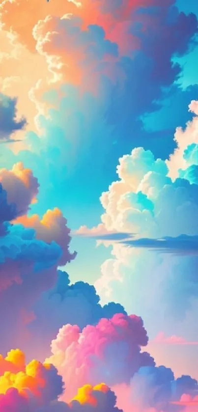 Colorful sky wallpaper with dreamy clouds in vibrant blue, pink, and orange hues.