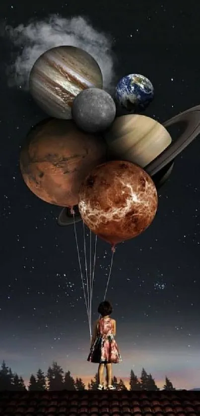 Child holding planet balloons under a starry night sky.