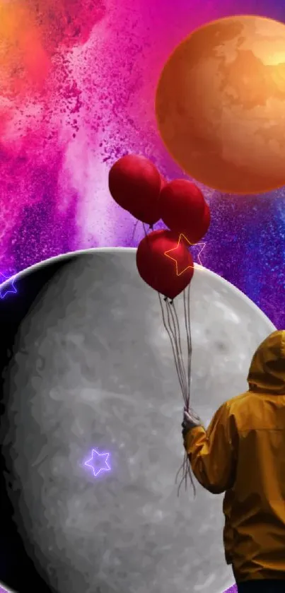 Hooded figure with balloons against planets and colorful cosmic background.