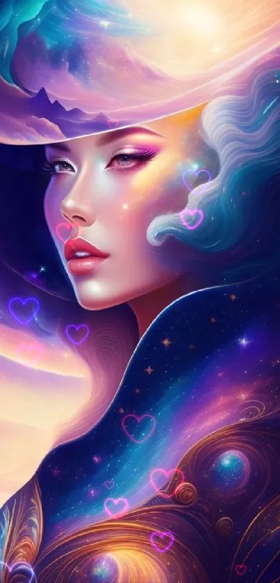 Surreal cosmic artwork featuring a woman's face blending into a vibrant nebula.