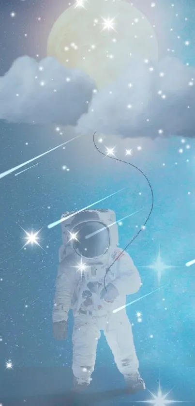 Astronaut among stars and clouds in space.