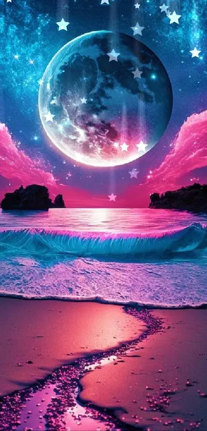 Dreamy cosmic beach with vibrant pink sky and surreal ocean waves.