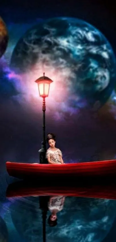 A fantasy scene of a person in a boat under planets in space.
