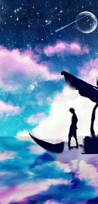 A silhouette on a boat under a dreamy, starry sky with planets.