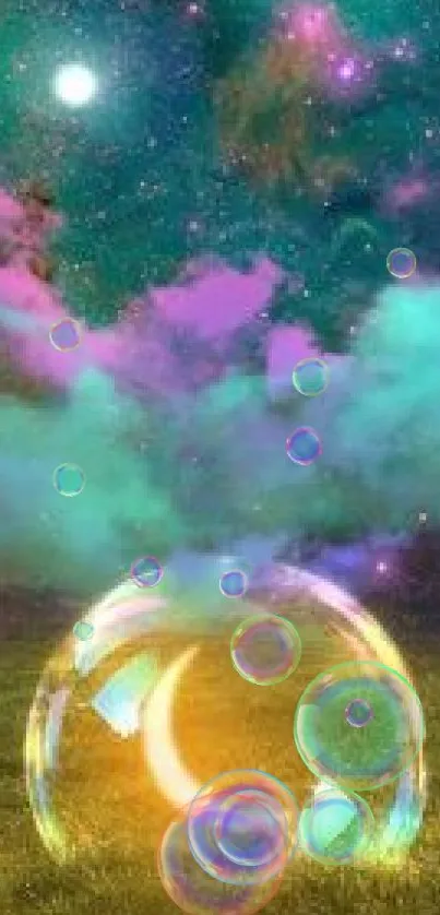 Cosmic bubble art with colorful clouds and a crescent moon.