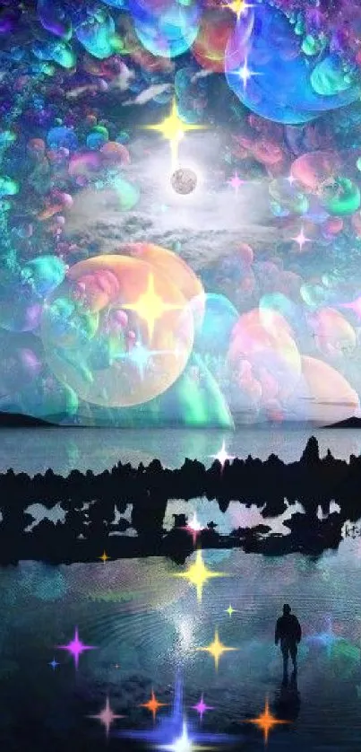 Surreal cosmic bubble wallpaper with a shimmering lake and vibrant colors.