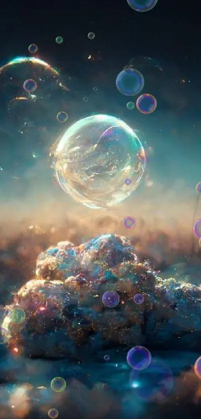 Surreal cosmic wallpaper with a floating bubble over a dreamy night sky.