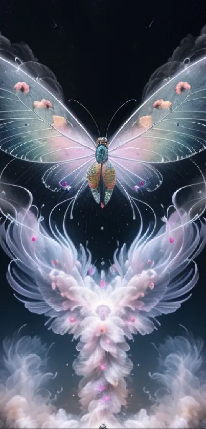 Ethereal cosmic butterfly artwork on a mobile wallpaper with a dreamlike scene.