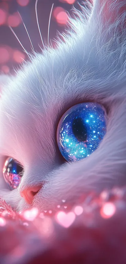 A whimsical white cat with galaxy-filled eyes and pink hues.