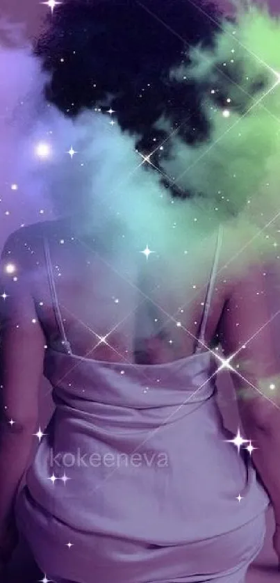 Woman in ethereal cosmic clouds with starlight and dreamy hues in violet tones.