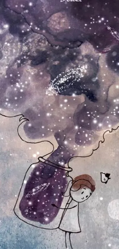 Whimsical drawing of a girl with cosmic cloud and stars in a jar.