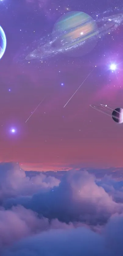 Dreamy cosmic wallpaper featuring planets and clouds in a vibrant purple sky.