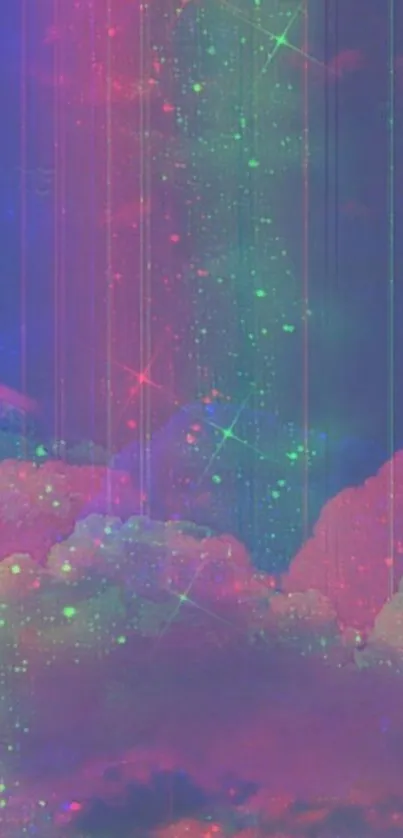 Vibrant cosmic wallpaper with neon clouds and stars.