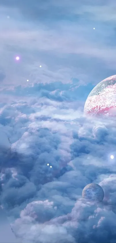 Dreamy clouds with planets in a cosmic pastel sky.