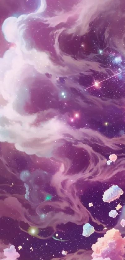 Dreamy cosmic cloudscape with stars in purple hues.